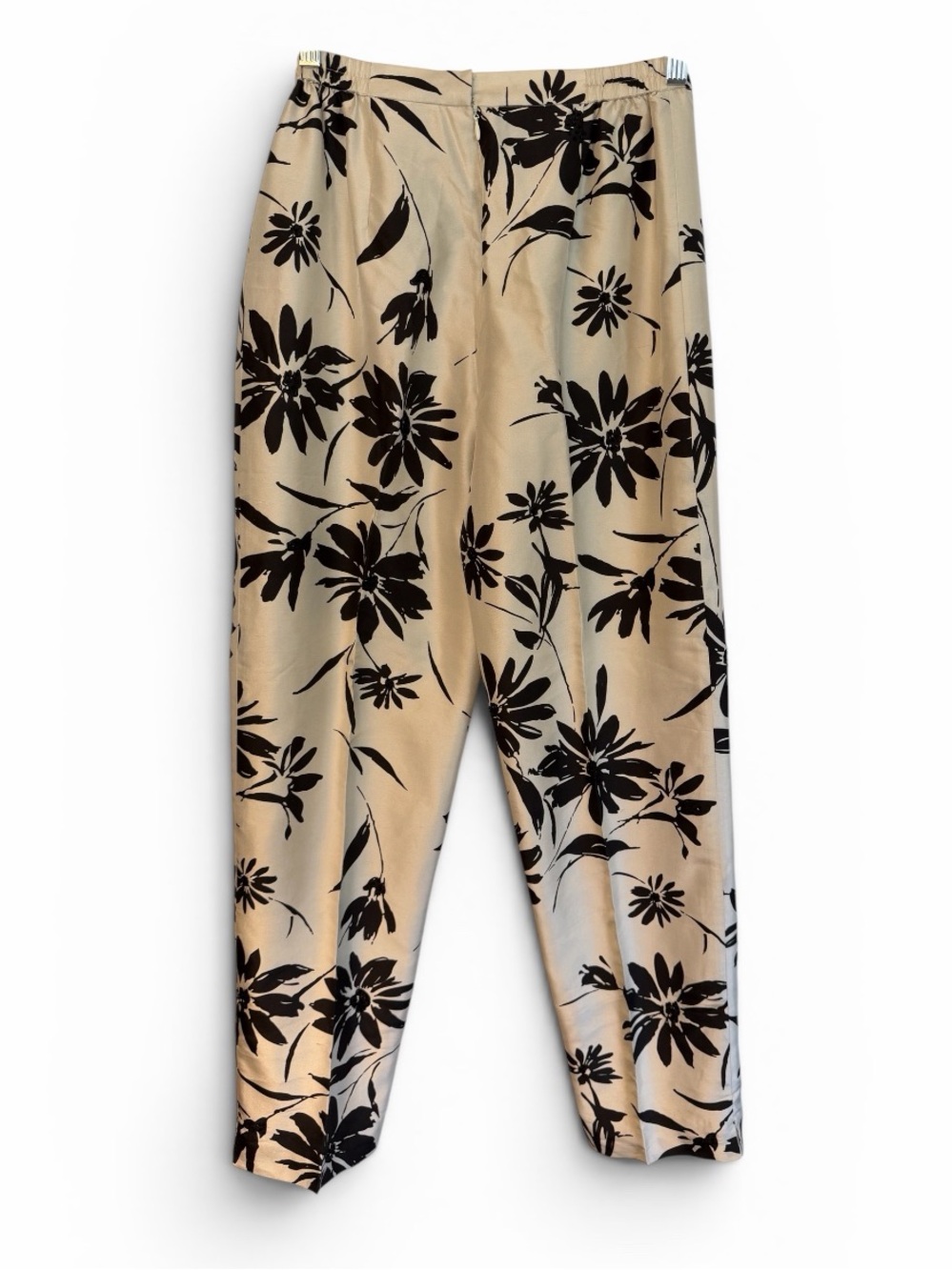 Adrianna Papell Black Beige Silk Floral Beaded Pleated Straight Leg Dress Pants